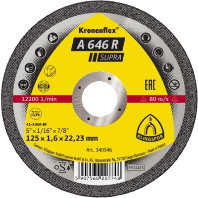 DISQUE A TRONCONNER ACIER 125 X 1.6 X 22.2 KLINGSPOR A646R - 340946