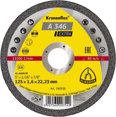 DISQUE A TRONCONNER ACIER 125 X 1.6 X 22.2 KLINGSPOR A346 SUP-340938