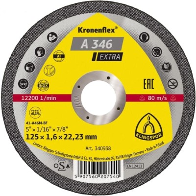 DISQUE A TRONCONNER ACIER 125 X 1.6 X 22.2 KLINGSPOR A346 SUP-340938
